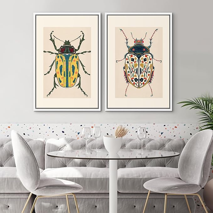SIGNWIN Framed Canvas Print Wall Art Set Colorful Beetle Vintage Insect Illustrations Modern Art Minimal Boho Colorful for Living Room, Bedroom, Office - 16"x24"x2 WHITE