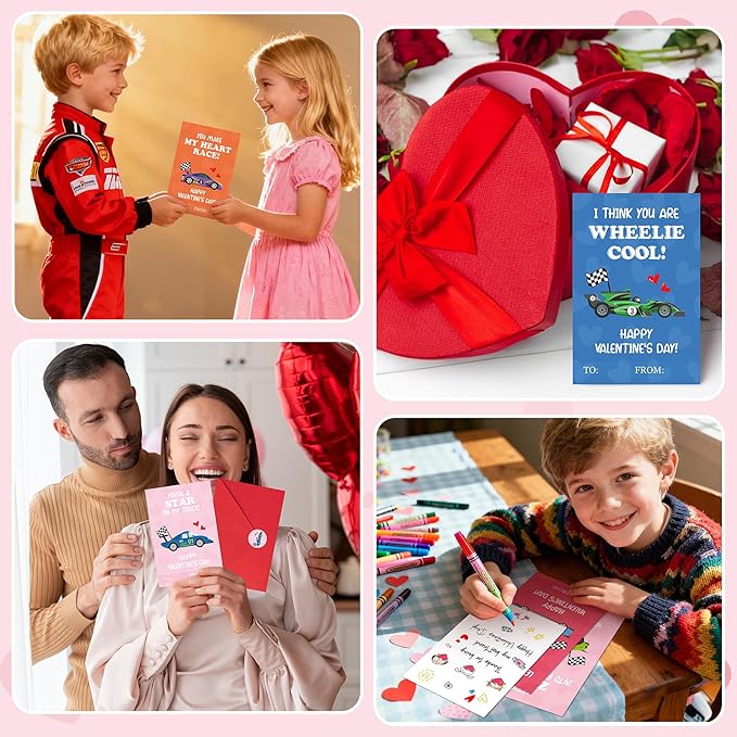 TICIAGA 144pcs Valentine’s Day Racing Car Greeting Cards with Envelop and Sticker for Kid, 4 x 6 IN Adorable Race Car Notecard Exchange Gift for Boy Girl School Classroom Supply, Valentines Party Favor