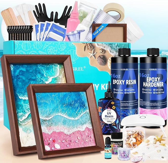 KISREL Ocean Resin Art Kit, Clear Epoxy Resin Kit with Frames, Beginner DIY Ocean Painting Full Set of Tools + Tutorials, Great Gift for Craft Lovers, Adult Stress Relief Creative Crafts