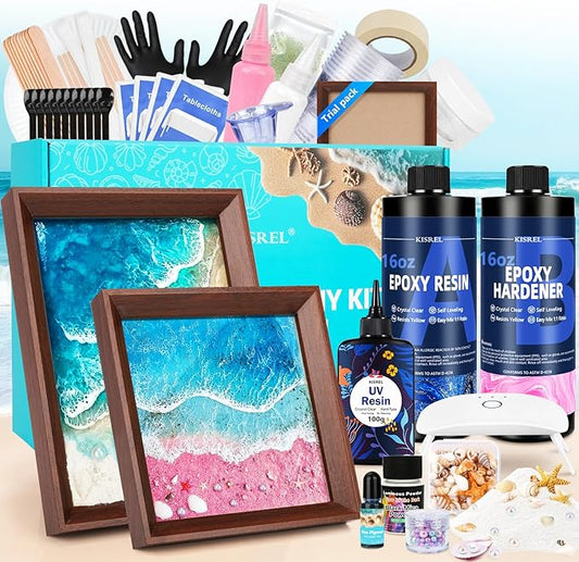 KISREL Ocean Resin Art Kit, Clear Epoxy Resin Kit with Frames, Beginner DIY Ocean Painting Full Set of Tools + Tutorials, Great Gift for Craft Lovers, Adult Stress Relief Creative Crafts