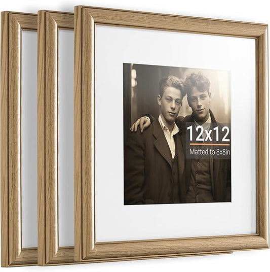 Heimlove 12x12 Picture Frame,12 x 12 Solid White Oak Square Photo Frame with Tempered Glass,12"x12" Handcrafted Wood Frame Matted to 8x8 Photos for Wall Hanging Photo Frame Art Photo and Prints,3 Pack