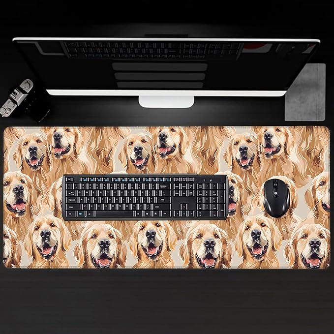Golden Retriever Large Gaming Desk Mat,Rubber Non-Slip Cute Dog Animal Mouse Pad,31.5x11.8x0.12in Extended Puppy Mousepad,Game Lover Mice Pads Gifts,Office Home Deskmat Decor