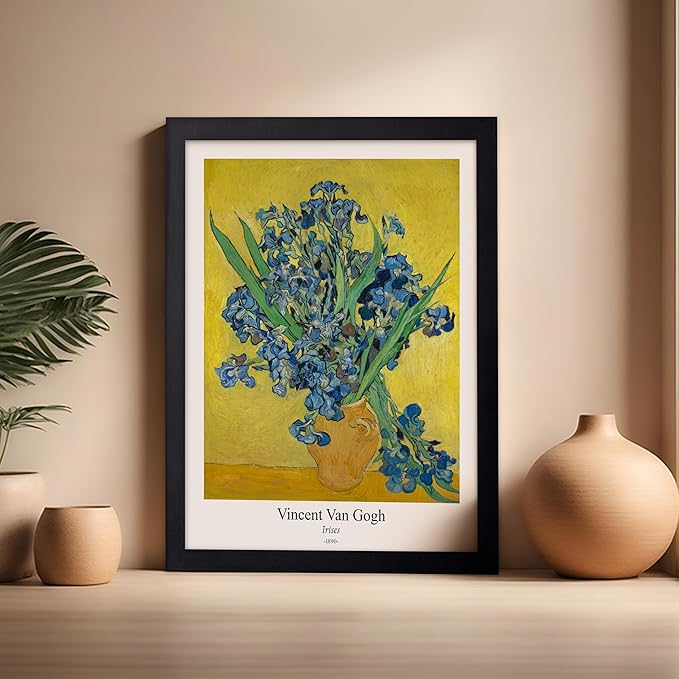 Monem Art Vintage Van Gogh Poster - Retro Irises Print - Flowers in Vase Art - Impressionism Art - Floral Art - Fine Art - Classic Painting Art - Living Room Wall Decor - 16x20 Black Framed