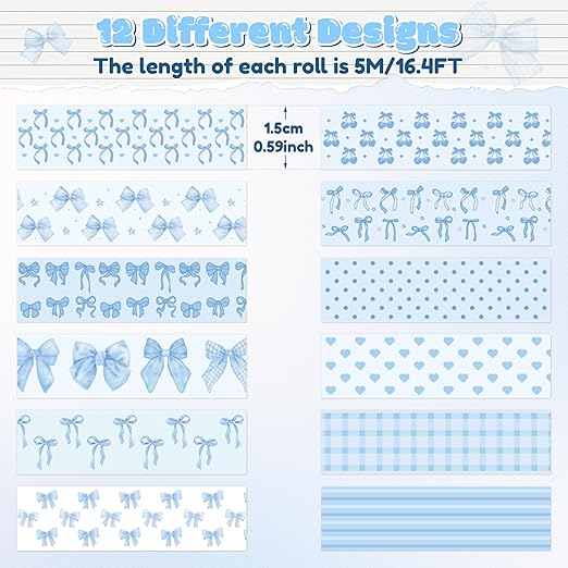 Coquette Blue Washi Tape - 12pcs Watercolor Blue Bow Cherry Scrapbook Colored Masking Painters Decorative DIY Crafts Artist Tape Set School Office Journaling Kids Art Supplies Gift Wrapping