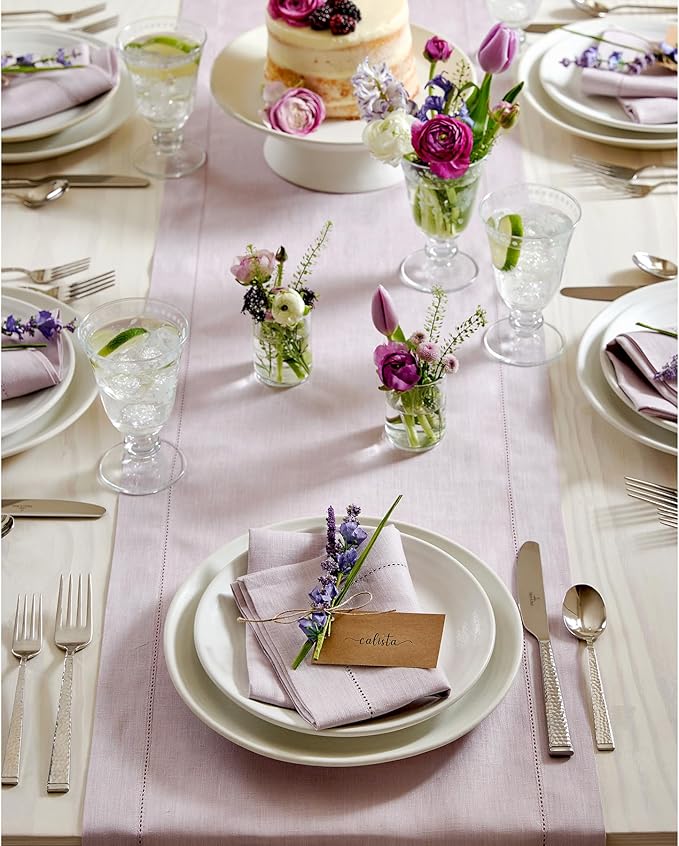 Solino Home Linen Lilac Table Runner 132 Inches Long - 100% Pure Linen Extra Long Table Runner 14 x 132 Inch for Valentines, Spring, Easter - Classic Hemstitch