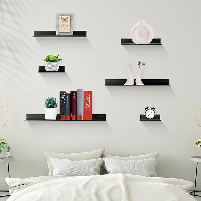 Z metnal Small Adhesive Floating Shelves, Mini Metal Shelf, Decor Display Wall Shelf, Aluminum, Wall Mounted, Matt Black, 12 inch,1 pcs