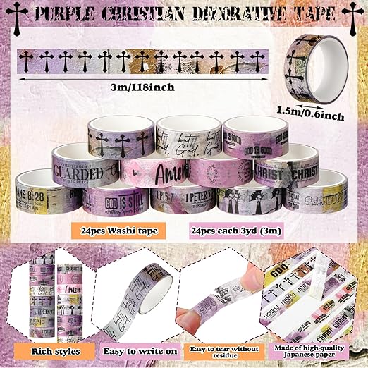 Janlaugh 24 Rolls Christian Washi Tape Gifts Bulk Religious Inspirational Scripture Supplies Bible Verse Tape for Bible Study Journaling Crafting Christmas Stocking Stuffers Gift(Purple)