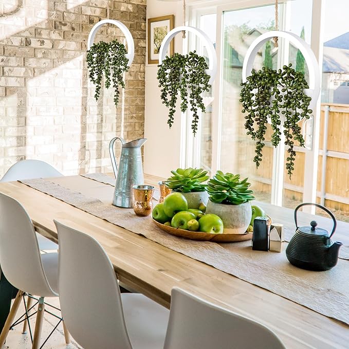 2PCS 12.2" Fake Hanging Plant, Succulent Wall Decor, Fake Plants Decor, String of Pearls in Pot with 8.3" Lanyard for House Indoor Outdoor Bedroom Wall Decor Aesthetic (White)