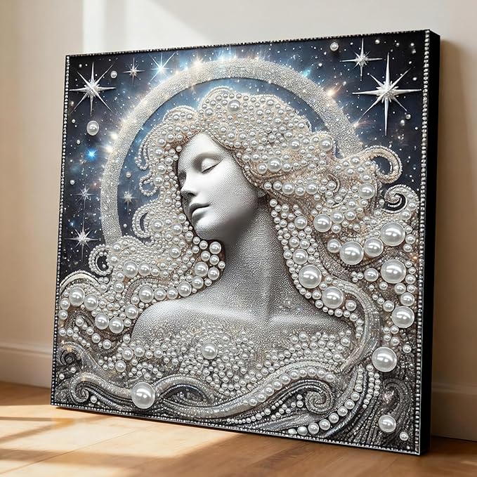 DIY Pearl Painting Kit with Wooden Frame, 3D Plastic Pearl Gemstone Ocean Art Craft for Adults Beginners, Diamond Art Kits for Adults, Home Wall Decor Ready Gift for Women(Celestial Goddess)(30*30cm)
