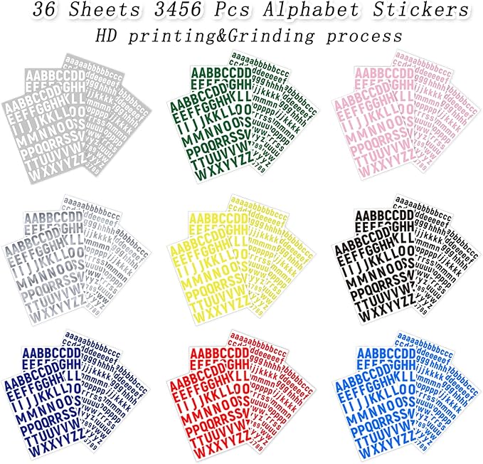 3456 Pcs 36 Sheets Colorful Alphabet Stickers Pad, 9 Colors Self Adhesive Letter Number Stickers Vinyl Waterproof Decals for Mailbox Gift Decoration Door Classroom Decor DIY Crafts