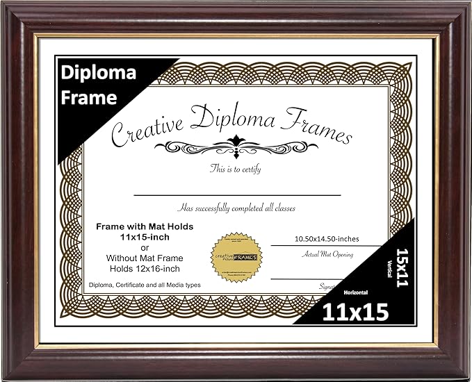 Creative Picture Frames 11x15 Mahogany Gold Rim Diploma Frame with White Mat Glass and Installed Wall Hangers | Frame Holds 12x16 Media without Mat