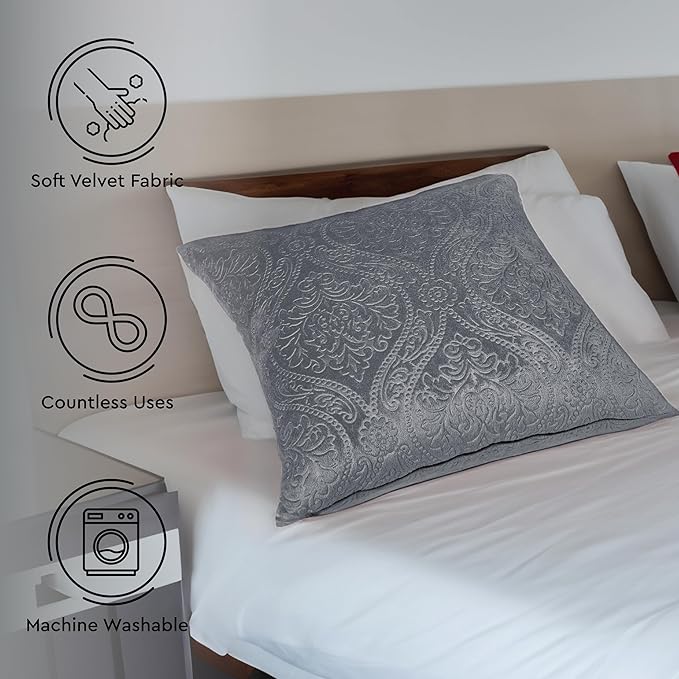 Encasa XO Luxury Embossed Velvet Throw Pillow Covers - Plush Cushion Covers for Elegant Living Rooms & Bedrooms, Machine Washable, 16"x16" Grey | Set of 2 | Covers Only No Insert