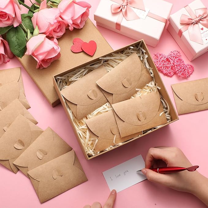 60 Set Mini Love Notes for Him Her with Envelope Valentines Day Gift Card Holder Mini Card with Envelope Long-Distance Relationship Gift for Him Her(4.1 x 2.8 Inch,Kraft,Brown)
