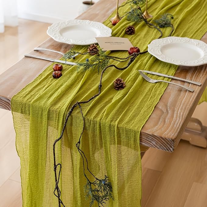 Keketoarrange Moss Green Cheesecloth Easter Table Runner Gauze 120 Inch 10 FT Rustic Boho Cheese Cloth Runner for Wedding Baby Shower Bridal Shower Long Sheer St Patricks Day Spring Home Decorations