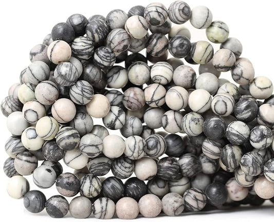 45PCS 8mm Natural Black Network Zebra Stone Round Loose Beads for Jewelry Making DIY Bracelet Necklace Materials 1 Strand 15"