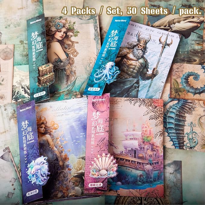 Yoksas 120 Sheets Vintage Mythology Fantasy Sea Ocean Scrapbook Paper - Mermaid Seahorse Corals UnderSea Junk Journals Decorative Cardstock for Posters,Card Making,Crafts Paper