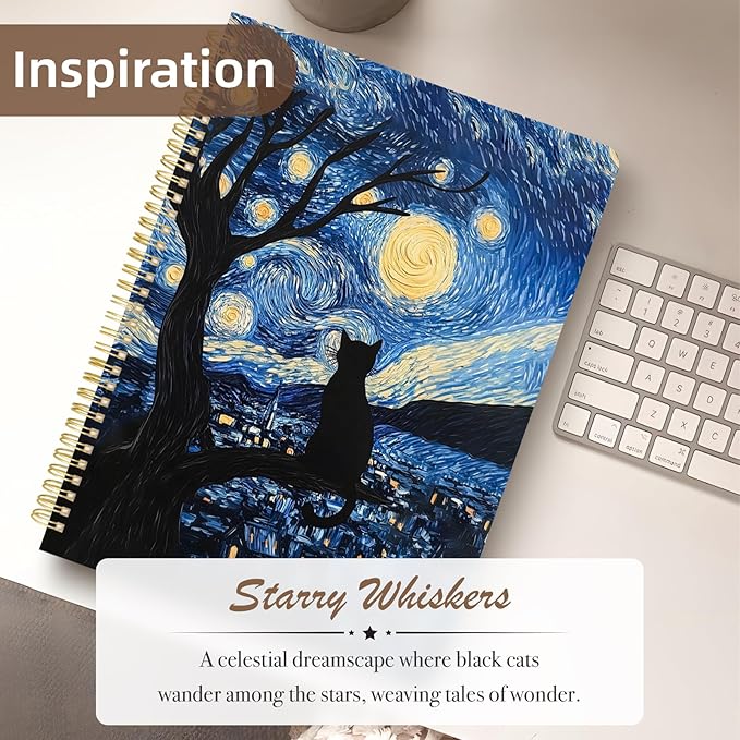 Cute Spiral Notebook journal A4 Aesthetic Pretty Design for Women Girls Kawaii with Pocket, 8.5 x 11 inch, Graph, Cat Galaxy