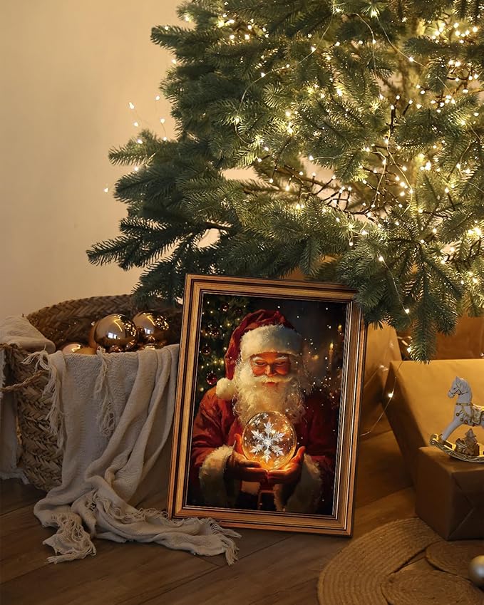 Bzstyleart Vintage Wall Art Decor,Vintage Chiristmas Wall Art Framed,12 x 16 Inch Framed Christmas Decorations Indoor Winter Decor,Christmas Santas Claus Holding a Glass Ball