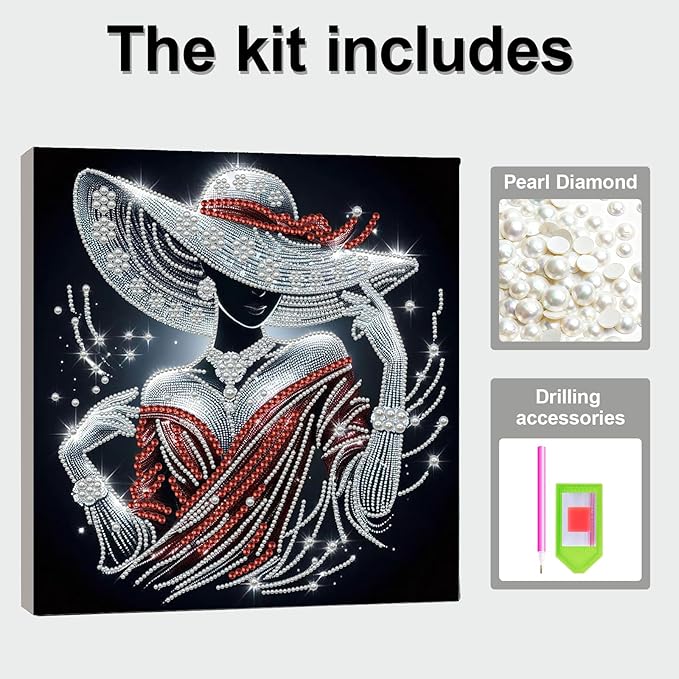 DIY Pearl Painting Kit with Wooden Frame, 3D Plastic Pearl Gemstone Ocean Art Craft for Adults Beginners, Diamond Art Kits for Adults, Home Wall Decor Ready Gift for Women(Red Dress Woman)(30 * 30cm)
