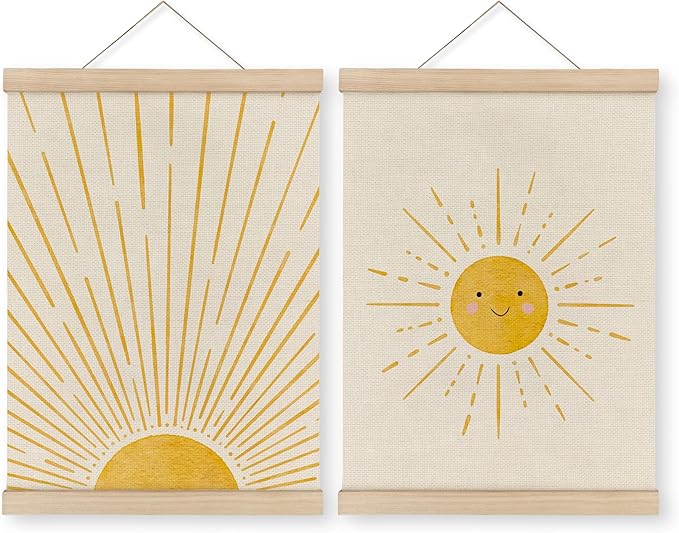 MAQIKA Boho Sunshine Poster Framed With Wood Hanger Set of 2, Sun Nursery Wall Decor, Smiling Sunshine Hanging Art, Bohemian Sunset Canvas for Kids Room 12x16 Inch