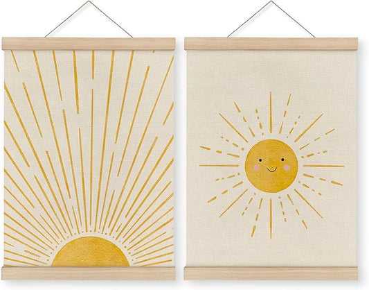 MAQIKA Boho Sunshine Poster Framed With Wood Hanger Set of 2, Sun Nursery Wall Decor, Smiling Sunshine Hanging Art, Bohemian Sunset Canvas for Kids Room 12x16 Inch