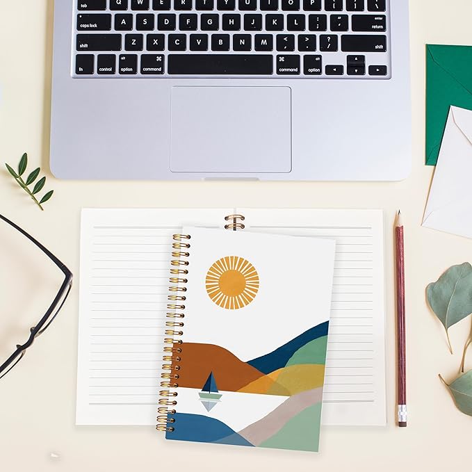 BearCake Boho Sun Mountain Spiral Notebook,I freaking love Sailing and Canoeing Sun and sailboat retro journal,Hardcover Spiral Notebook 5.5x8.3