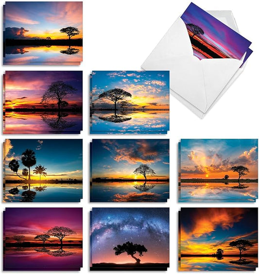 The Best Card Company - 20 Assorted Blank Notecards Box Set 4 x 5.12 Inch with Envelopes (10 Designs, 2 Each) - Tree Settings AM10325OCB-B2x10