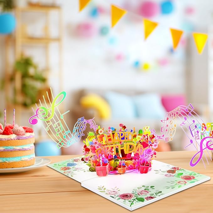 GREETING ART Musical Flower Birthday Card, Light and Music Pop Up Happy Birthday Card, Flower 3D Pop Up Birthday Gift Card for Women Wife Mom Daughter Sister