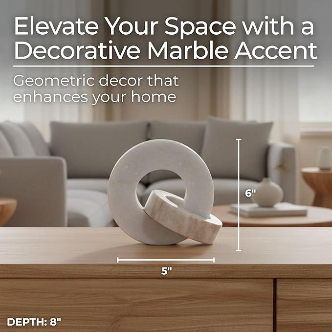 Home Decor and Bathroom Decor Marble Double Ring - Modern Shelf Sculpture and Office Accents for Room Styling - Coffee Table Ornaments and Living Room Decor Statues Design - 6", White & Beige