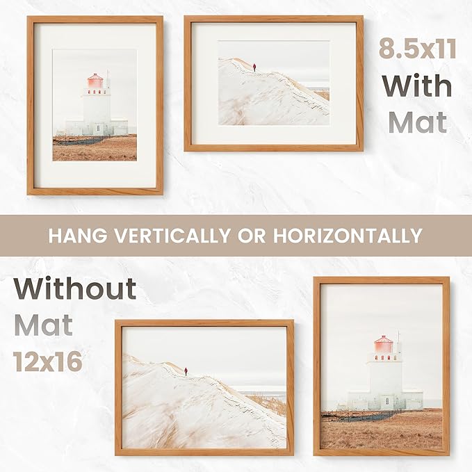 12x16 Picture Frame, USA-Sourced Natural Cherry Wood Photo Collage Frame with HD Tempered Glass, Modern Simple 12 x 16 Wooden Frame Matted to 8.5x11, Vertical & Horizontal Wall Hanging Display