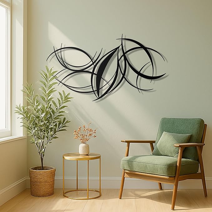 pluviart Modern Abstract Metal Wall Art – Black Curved Lines Sculpture for Living Room, Bedroom or Office – Large 3D Contemporary Home Decor – Minimalist Iron Wall Accent (50”x28”)