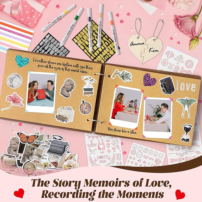 CY2SIDE Book of Us Wooden Scrapbook - 111PCS The Little Book of Us Photo Album Scrapbook Craft Kit Included Wood Cover Heart Puzzle Brown Paper Sticker and Template for DIY Dating Anniversary