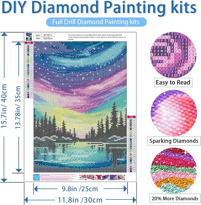 NWQZBYHT Aurora Lake Diamond Art Kits for Adults,Tree Starry Sky 5D Diamond Painting Kits for Beginner,DIY Round Full Drill Diamond Dots Painting Gem Art for Adults Crafts Home Wall Decor 12x16 Inch