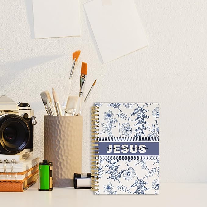 Christian Jesus Journal Notebook, Blue and White Floral Notebooks College Ruled for Work School, Preppy Bible Gifts for Women, Office Supplies, Hardcover Spiral Notebook 5.5"x8.3"