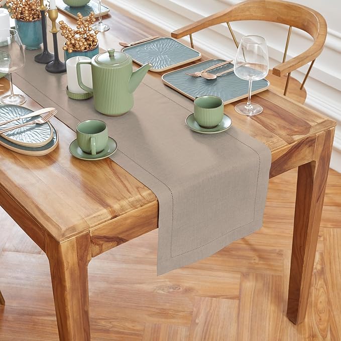Solino Home Linen Table Runner 120 Inches Long - 100% Pure Linen Natural Table Runner 14 x 120 Inch for Spring, Easter - Medium Weight Hemstitch
