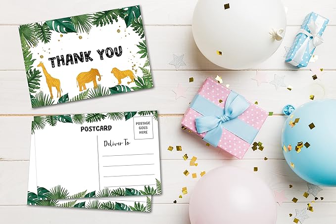 Birthday Thank You Postcards, Greenery Jungle Animals Thank You Cards for Kids Girls Boys Birthday Party, Baby Shower Party, Set of 20 (A01)
