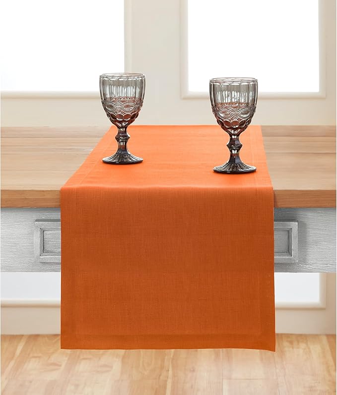Solino Home Linen Pumpkin Table Runner 48 Inches - 100% Pure Linen Farmhouse Short Table Runner 14 x 48 Inch Ideal for Dresser and Coffee Tables - Fete