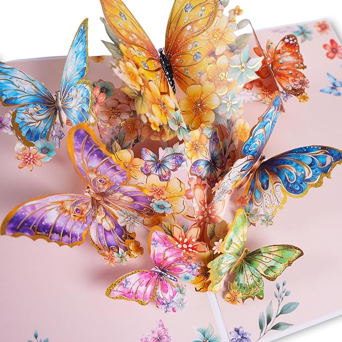 3D Bouquet Butterflys Orange Pop Up Thank you Card, Teacher Appreciation Card, Handmade Flowers Box Greeting Cards with Note and Envelope for New Year Anniversary