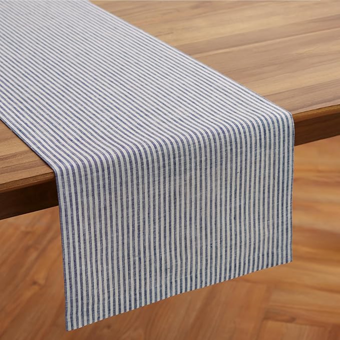 Solino Home Linen Striped Table Runner 60 Inches - Narrow Stripe, 100% Pure Linen Navy and White Small Table Runner 14 x 60 Inch Ideal for Dresser and Coffee Tables - Spring, Easter