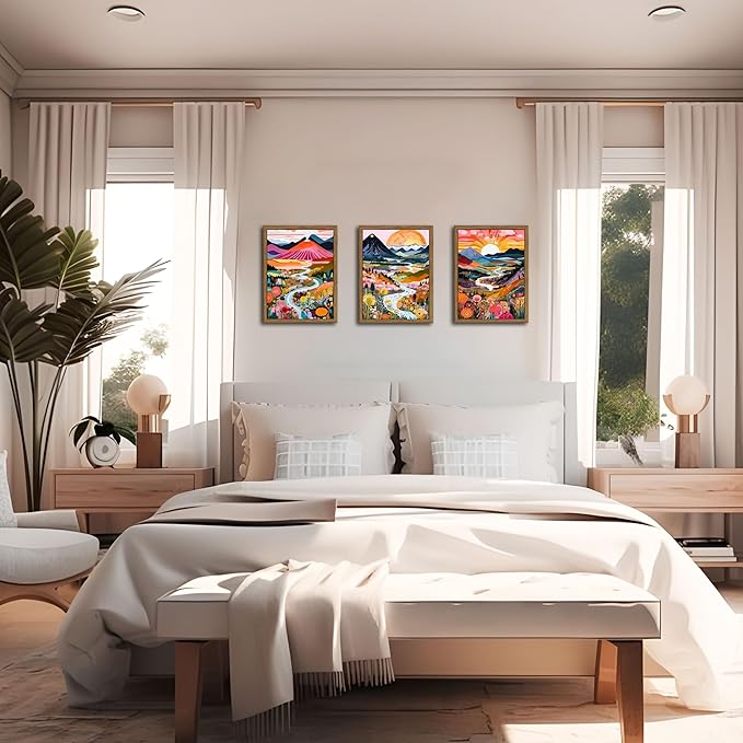 Wood Frame Boho Colorful Wall Art, Set of 3 Abstract Watercolor Mountain Landscape Wall Decor Paintings, Modern Flower Aesthetic Posters Prints for Living Room Bathroom Bedroom 16x24In Framed