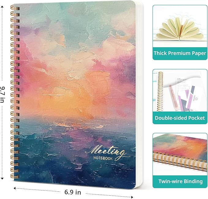 Meeting Notebook for Work Organization, Aesthetic Meeting Minutes Notebook for Work, Event Project Agenda Planner Organizer, Perfect for Office School Business Supplies, 6.9" X 9.7" - Sunset