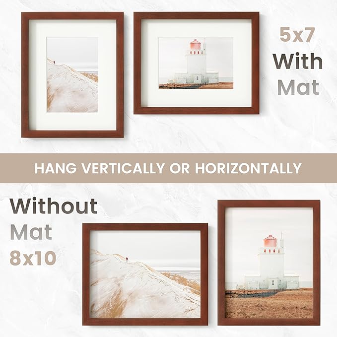 8x10 Picture Frame, USA-Sourced Natural Mahogany Wood Photo Collage Frame with HD Tempered Glass, Modern Simple 8 x 10 Wooden Frame Matted to 5x7, Gallery Wall Frames for Art, Wall or Tabletop Display