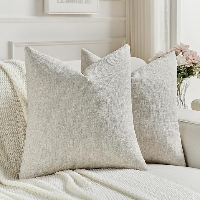 FUTEI Natural White Wood Chenille Decorative Throw Pillow Covers 24x24 Inch Set of 2,Soft Cozy Faux Linen Textured European Pillow Shams,Farmhouse Home Decor for Couch Living Room