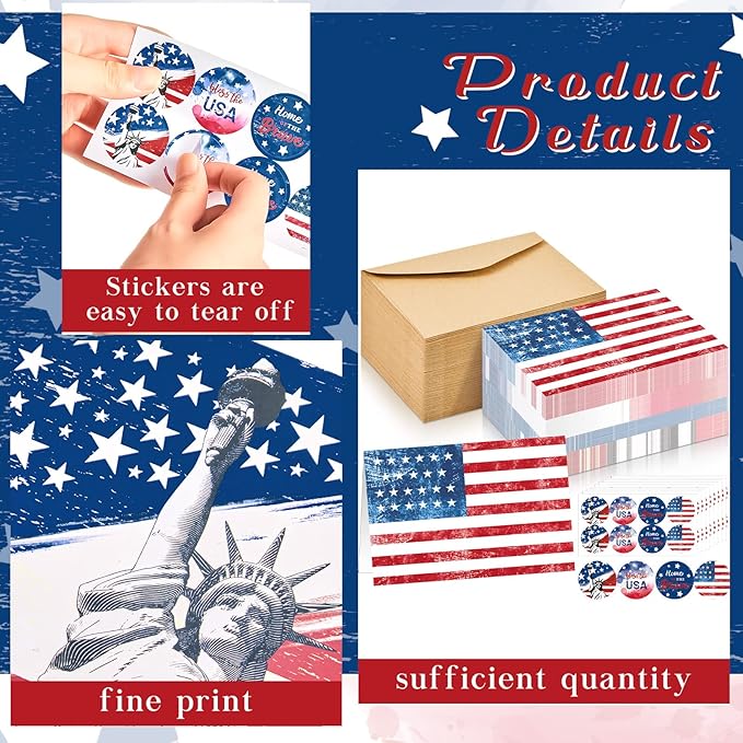 Seajan 100 Sets Patriotic Greeting Cards with Envelopes Stickers 4 x 6 Inch American Flag Blank Cards USA Thank You Note Postcards Bulk for Veteran's Day 4th of July Memorial Day