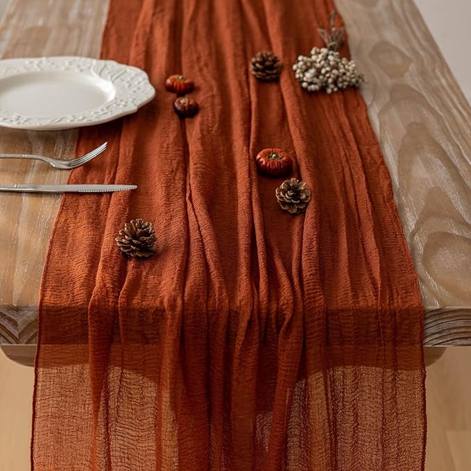 Keketoarrange Fall Thanksgiving Table Runner Terracotta Decorations 120 Inch 10 FT Rustic Burnt Orange Sheer Cheese Cloth for Baby Bridal Shower Friendsgiving Party Centerpiece Gauze Decor for Home