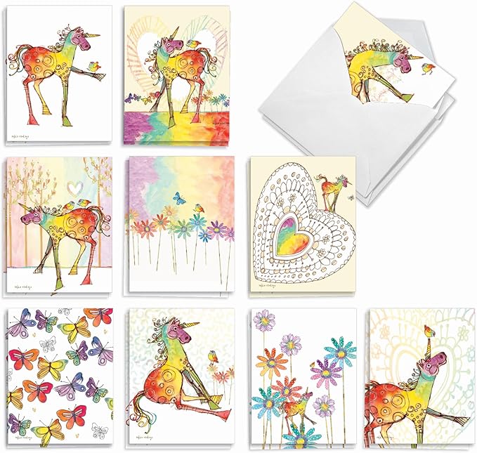 The Best Card Company Assorted Blank Greeting Card Box Set - Incl. 20 Cards + Envelopes - 10 Unique Designs - Perfect for Thank Yous, Invitations, More - Happy Unicorns AM7245OCB-B2x10
