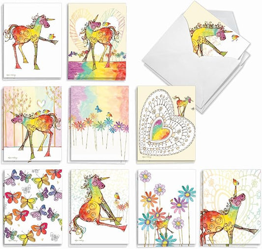 The Best Card Company Assorted Blank Greeting Card Box Set - Incl. 20 Cards + Envelopes - 10 Unique Designs - Perfect for Thank Yous, Invitations, More - Happy Unicorns AM7245OCB-B2x10