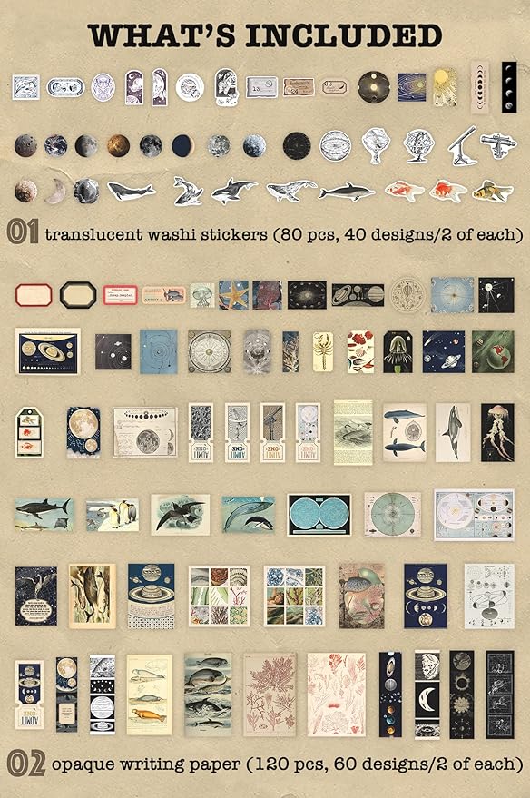 Knaid 200 Pieces Vintage Ephemera Pack Decoupage Paper Junk Journal Kit Scrapbook Planner Sticker Supplies for Art Journaling Bullet Journals Collage Craft Notebooks Album Crafter Gifts (Exploration)