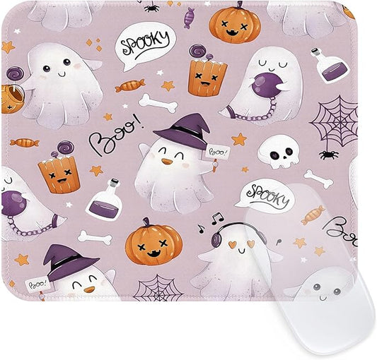 Seorsok Cute Ghost Mouse Mat,Halloween Pumpkin Decor Mouse Pads for Office Laptop,Washable Square Cute Mousepads with Extended Stitched Edges Non Slip Rubber Base 9.5"x7.8"x0.12" Inch,Purple
