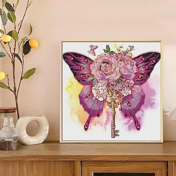 Tontut Butterfly Rose Diamond Art Painting Kits, 5D Special Shape Beginner Crystal Diamond Art Painting for Home Wall Decor Gifts 12×12 inch